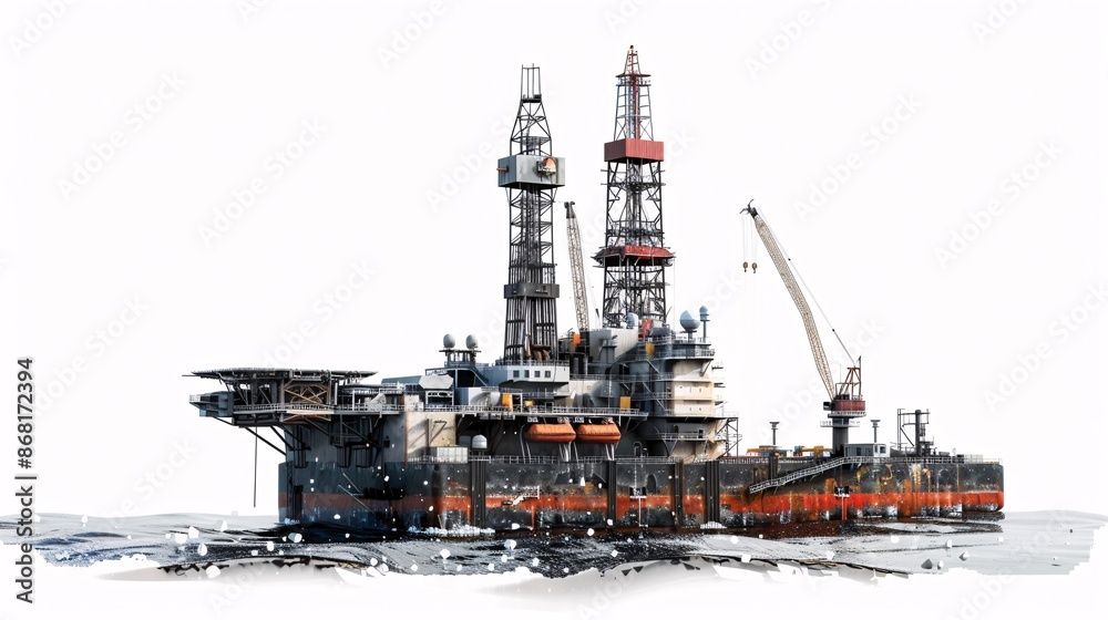 Fototapeta premium High-resolution stock photo of an offshore drilling rig, isolated on a white background, featuring intricate details captured through focus stacking for a crisp and clear image