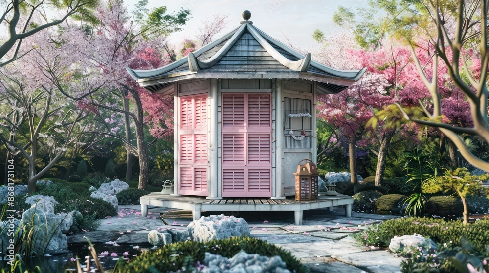 traditional teahouse with cherry blossom pink Bahama shutters, set in a peaceful Japanese garden traditional teahouse with cherry blossom pink Bahama shutters, set in a peaceful Japanese garden