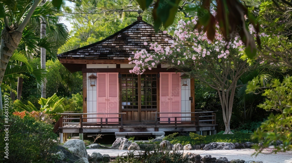 traditional teahouse with cherry blossom pink Bahama shutters, set in a peaceful Japanese garden traditional teahouse with cherry blossom pink Bahama shutters, set in a peaceful Japanese garden