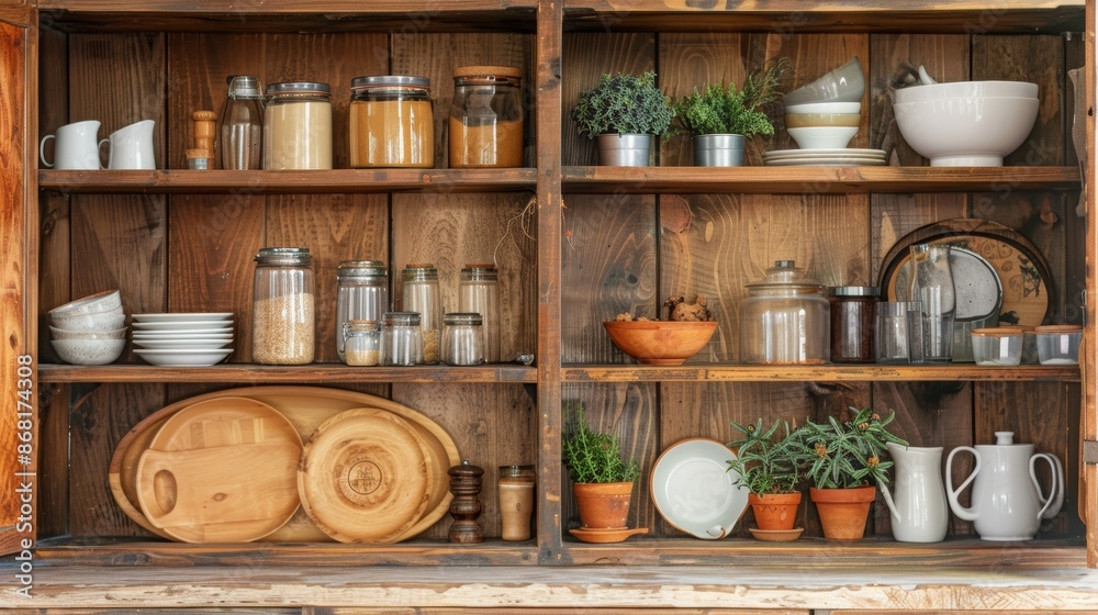 Open wooden cupboard displaying organized kitchen items