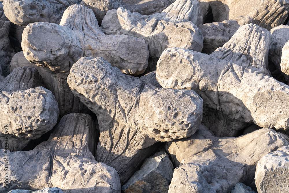 Coastal defenses tetrapods, breakwater concrete structures, wave breakers, shoreline protection Coastal defenses tetrapods, breakwater concrete structures, wave breakers, shoreline protection