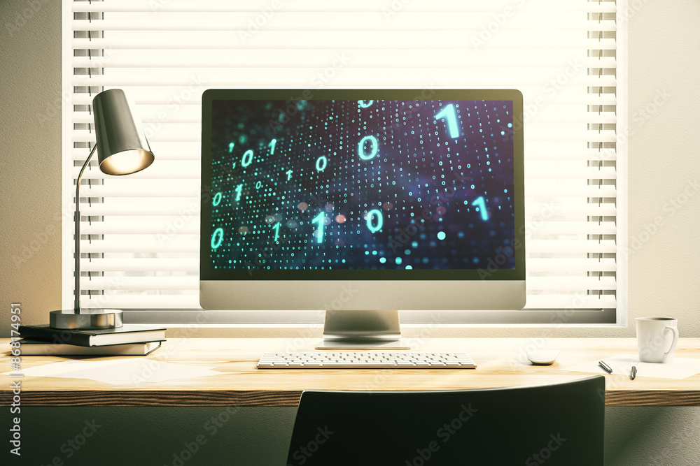 Creative abstract binary code sketch on modern laptop monitor, hacking and matrix concept. 3D Rendering Creative abstract binary code sketch on modern laptop monitor, hacking and matrix concept. 3D Rendering