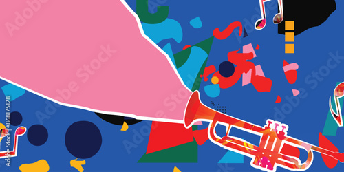 Musical background, play and download music concept. Musical notes on colorful backdrop. Trumpet party poster