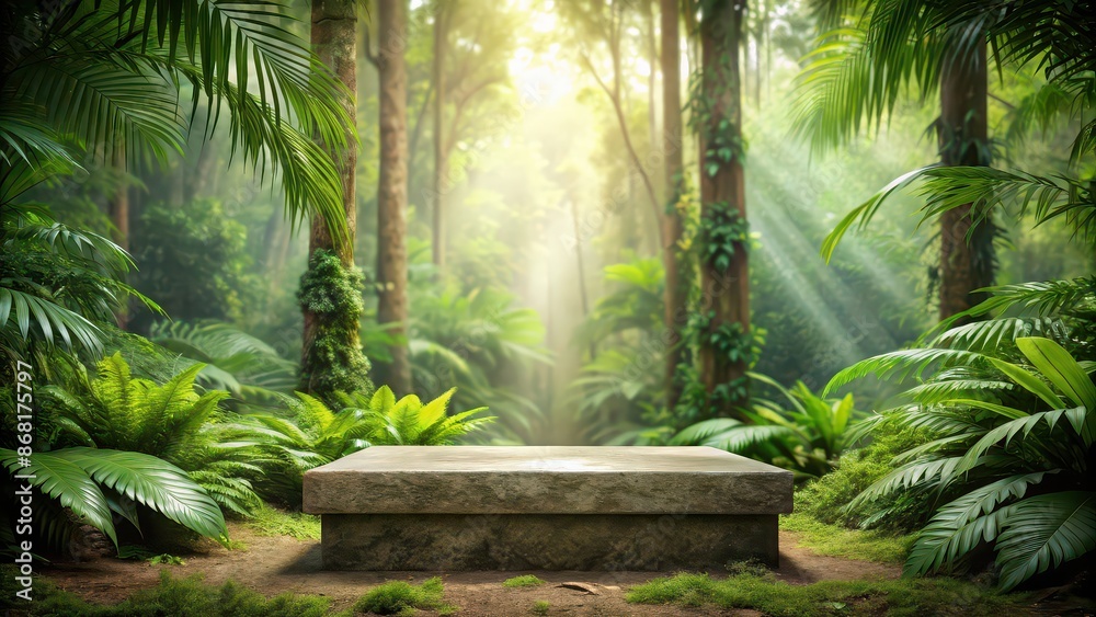 Stone podium in jungle forest setting for product presentations , nature, stone, podium, jungle, forest Stone podium in jungle forest setting for product presentations , nature, stone, podium, jungle, forest
