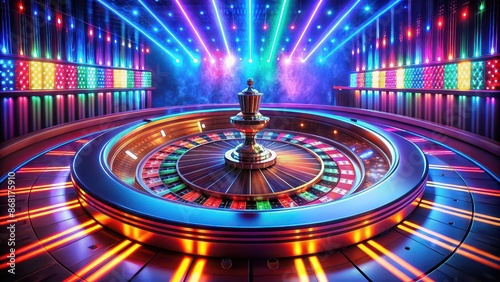 Colorful neon casino scene with a roulette wheel in the center, gambling, casino, roulette, wheel, colorful, neon