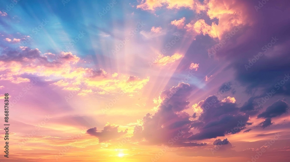 Fototapeta premium Dramatic Sunset with Golden Rays and Fluffy Clouds