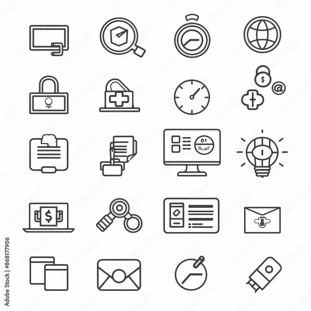 A simple set of vector thin line icons, featuring symbols for Business, Marketing, Shopping, Banking, E-commerce, SEO, Technology, Medical, Education, Web Development, and more. This linear pictogram A simple set of vector thin line icons, featuring symbols for Business, Marketing, Shopping, Banking, E-commerce, SEO, Technology, Medical, Education, Web Development, and more. This linear pictogram