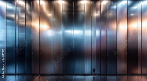 Empty Metal Elevator Interior With Reflections and Light Streaks