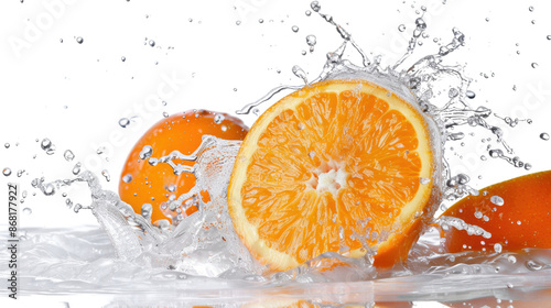 Orange with water splash collage on transparent background