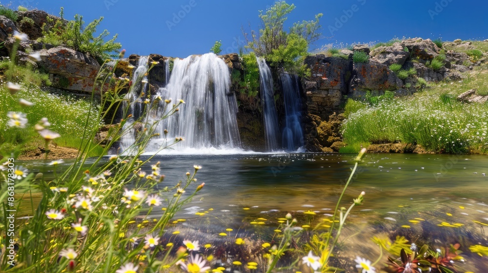 Obraz premium A tranquil waterfall in a meadow, with wildflowers blooming and a clear blue sky overhead