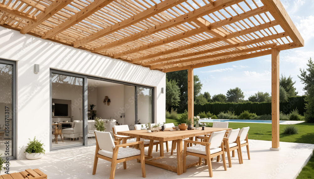 A modern outdoor dining area with a wooden pergola, a large dining table and chairs, and a view of a swimming pool. A modern outdoor dining area with a wooden pergola, a large dining table and chairs, and a view of a swimming pool.