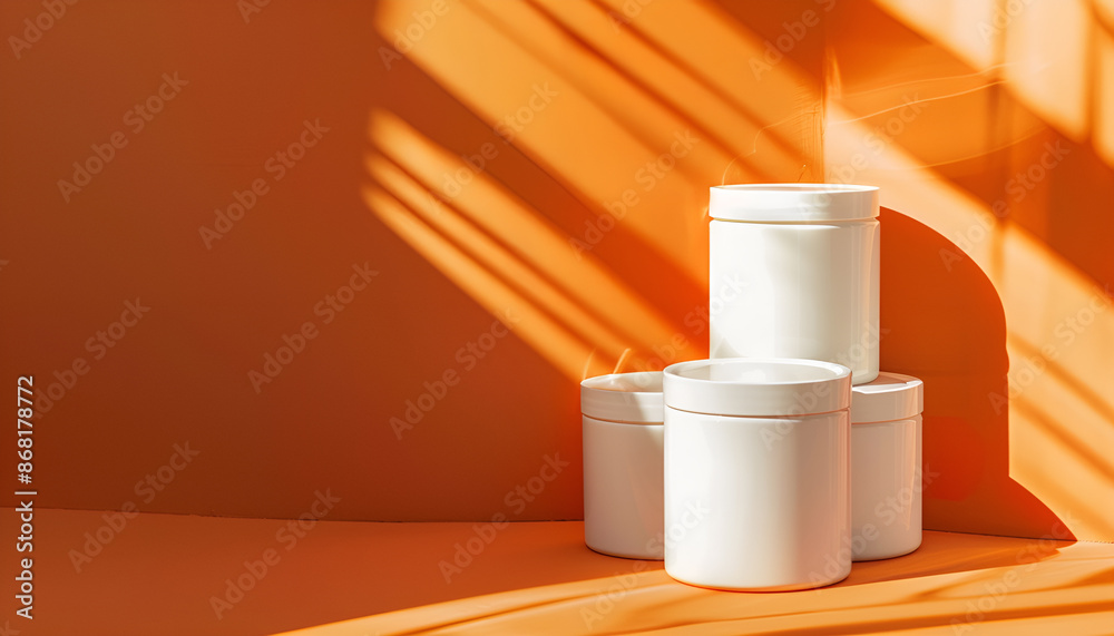 Presentation of product. Shadows on orange background. Space for text Presentation of product. Shadows on orange background. Space for text