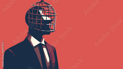 Depressed businessman with caged head, symbolizing limited understanding, creativity blockers, fear of challenges, biases, and lack of intelligence