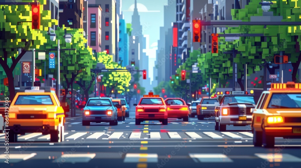 Naklejka premium Vibrant city street scene with taxis, cars, tall buildings, and green trees under a bright sky, capturing urban life in a downtown area.