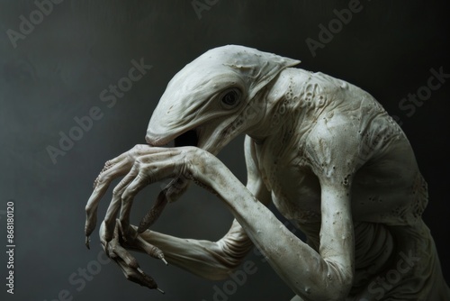 A Pale, Skeletal Creature with Long Fingers in a Dark Setting