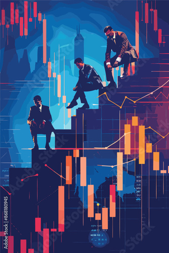 Investors Riding Falling Stock Market Graph, Economic Crisis and Recession Downturn Concept