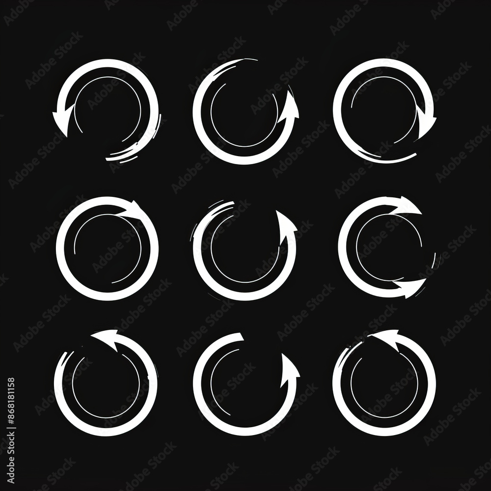 Set of black icons depicting various arrows, including circle arrows, rotate arrows, spinning loading symbols, and circular rotation loading elements. These icons represent redo processes.