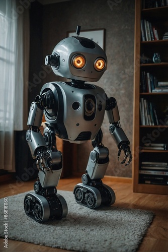 A robot stands on a rug in a well-lit room, showcasing its sleek design and advanced technology.