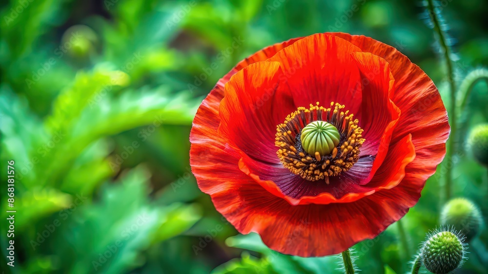 Vibrant red poppy flower with golden center on green leaves background, poppy, flower, red, vibrant, colorful, botanical, nature Vibrant red poppy flower with golden center on green leaves background, poppy, flower, red, vibrant, colorful, botanical, nature