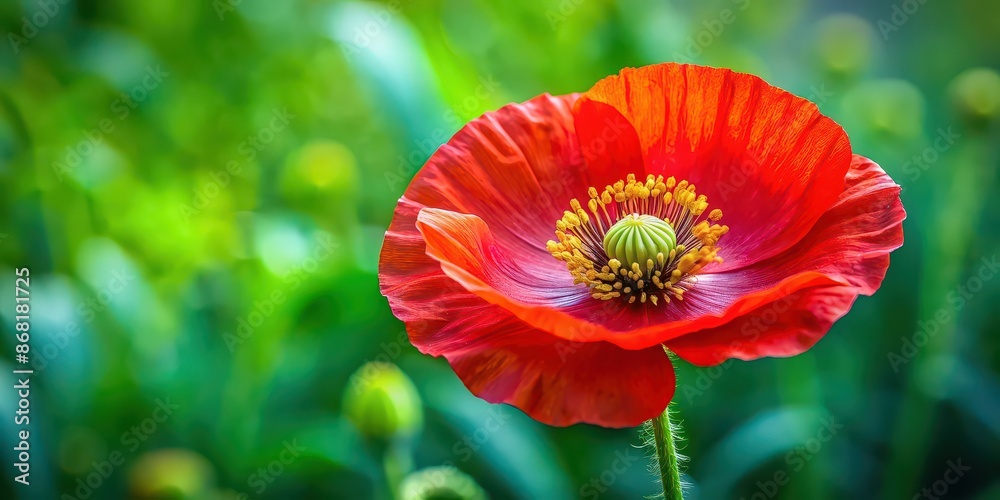 Vibrant red poppy flower with golden center on green leaves background, poppy, flower, red, vibrant, colorful, botanical, nature Vibrant red poppy flower with golden center on green leaves background, poppy, flower, red, vibrant, colorful, botanical, nature