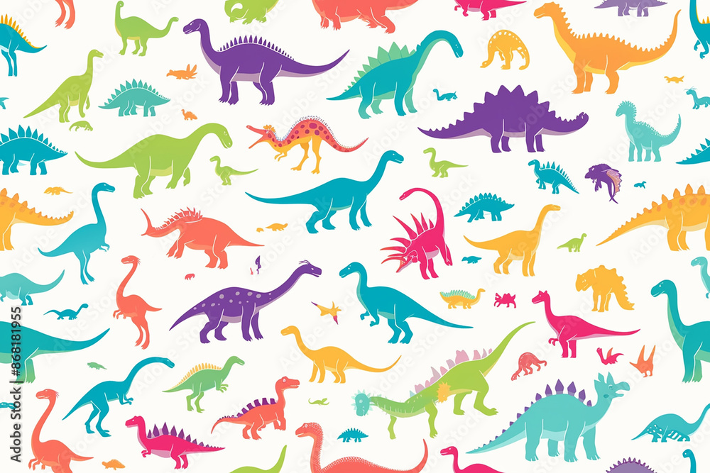 Colorful seamless pattern with various dinosaur silhouettes in bright hues on a light background. Ideal for children's clothing and accessories.