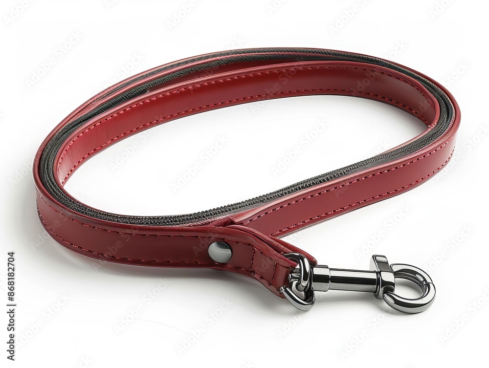A thin red leather dog leash with a silver snap hook, white background A thin red leather dog leash with a silver snap hook, white background
