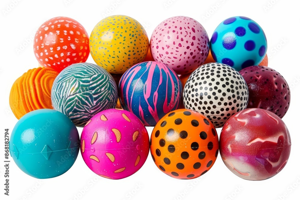 Colorful rubber balls with different patterns. Children's toy, white background Colorful rubber balls with different patterns. Children's toy, white background