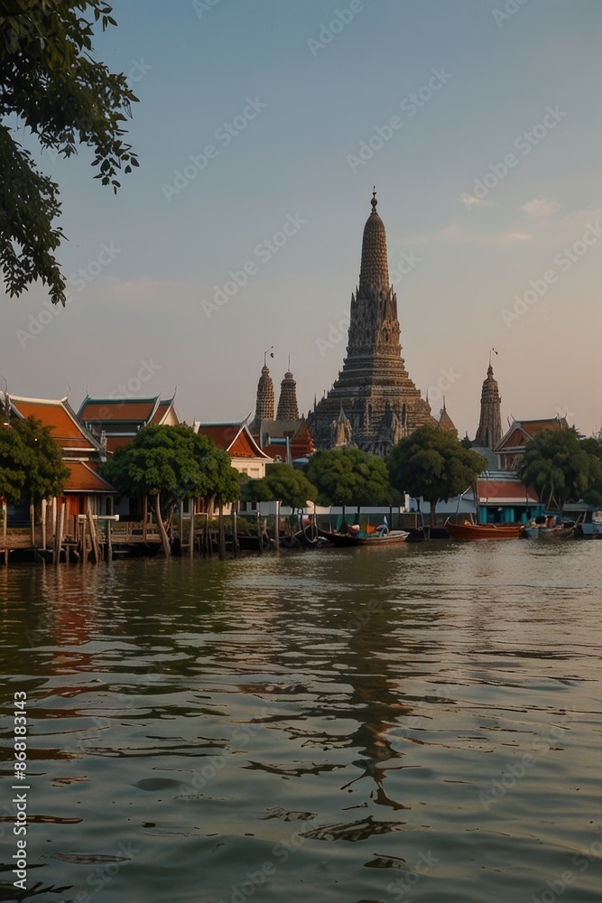 Wat Arun Temple Riverside View at Sunset in Bangkok, Thailand Wat Arun Temple Riverside View at Sunset in Bangkok, Thailand