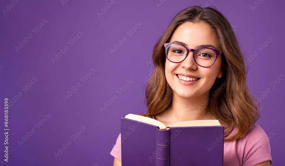 Young student woman with glasses smiling and holding a book on purple background Young student woman with glasses smiling and holding a book on purple background