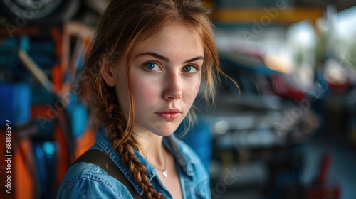 Wallpaper Mural Woman with braided hair looks at camera in garage Torontodigital.ca