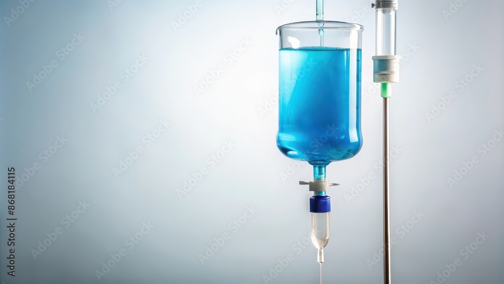 IV bag filled with blue fluid against white background, IV, bag, blue, fluid, isolated, photorealistic, medical