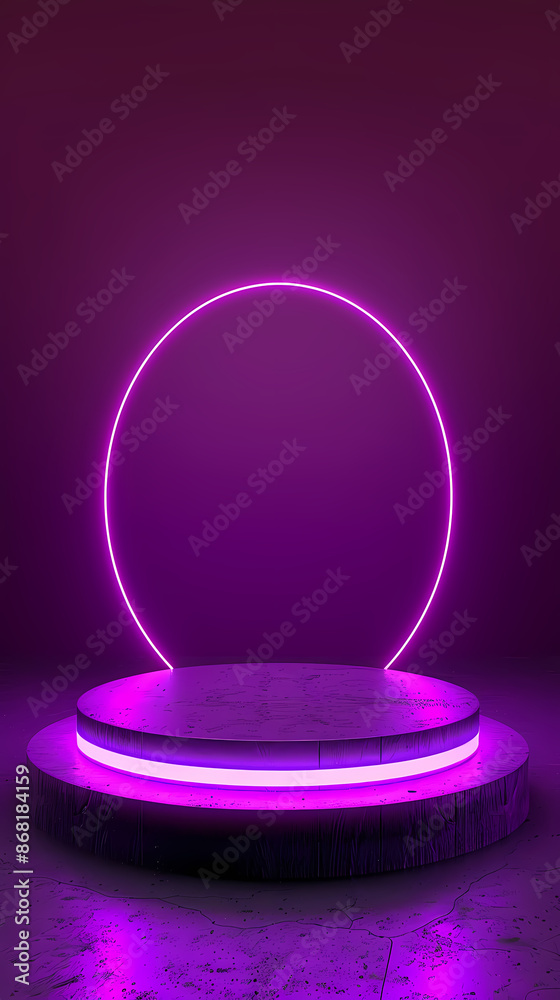 Podium with abstract pink neon light ring