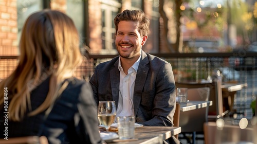 A man in a suit sits at a table on a restaurant patio. He is smiling and looking at a woman across from him.
