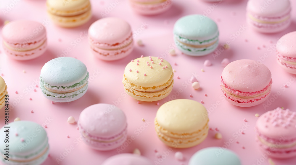 Tasty pink, blue, yellow, and green French macarons with delicate textures and gloss finishes, showcasing Easter sweet desserts in a studio setting on pastel pink background Tasty pink, blue, yellow, and green French macarons with delicate textures and gloss finishes, showcasing Easter sweet desserts in a studio setting on pastel pink background