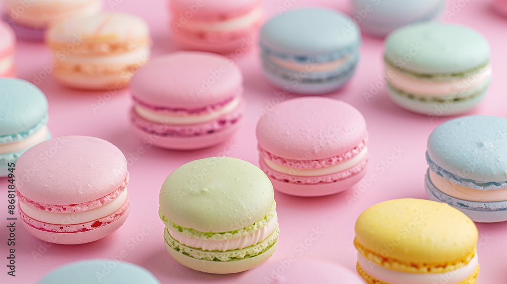 Tasty pink, blue, yellow, and green French macarons with delicate textures and gloss finishes, showcasing Easter sweet desserts in a studio setting on pastel pink background Tasty pink, blue, yellow, and green French macarons with delicate textures and gloss finishes, showcasing Easter sweet desserts in a studio setting on pastel pink background