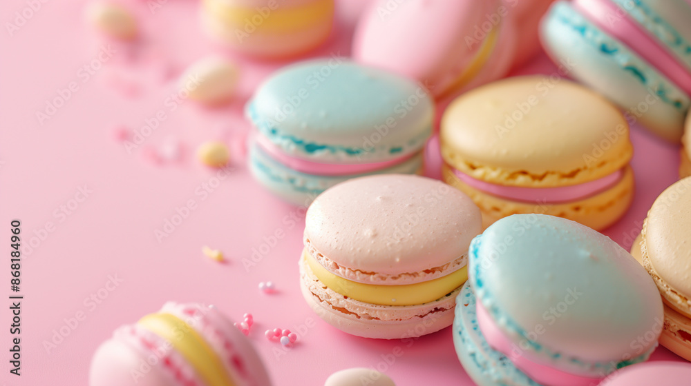 Tasty pink, blue, yellow, and green French macarons with delicate textures and gloss finishes, showcasing Easter sweet desserts in a studio setting on pastel pink background Tasty pink, blue, yellow, and green French macarons with delicate textures and gloss finishes, showcasing Easter sweet desserts in a studio setting on pastel pink background