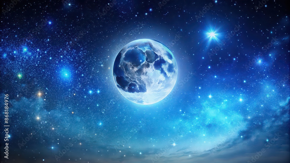 Naklejka premium Starry night sky with a blue moon, stars, night, sky, moon, dark, astronomy, celestial, space, universe, dreamy