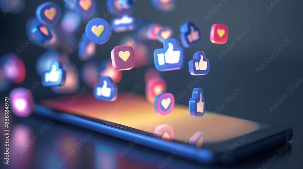 Fototapeta premium Vibrant image of likes and thumbs-up signs flying out of a smartphone
