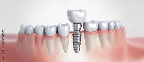 White dental implant. Dental implant. Implants can support a permanent single tooth crown, a multi-tooth bridge or even a full fixed denture. Generative AI