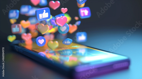 Vibrant image of likes and thumbs-up signs flying out of a smartphone