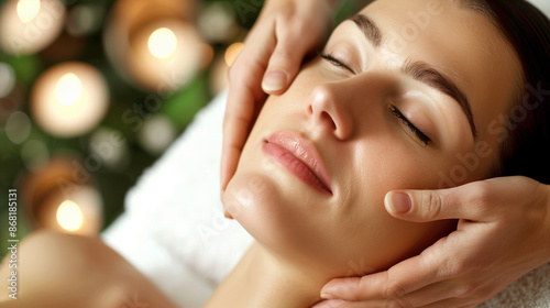 Close-up to a relaxed young woman receiving a facial massage with oil and cream from a professional masseuse