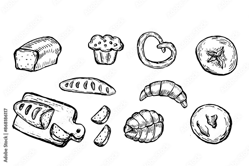 Bread collection in retro style. Sketch of bun, croissant and other icons. Rural elements of harvest, bakery shop. Bread collection in retro style. Sketch of bun, croissant and other icons. Rural elements of harvest, bakery shop.