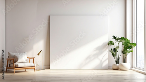 Empty white wall room and white board blank art canvas mockup interior design