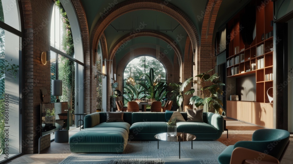 Fototapeta premium Modern Living Room Design with Green Sofa and Brick Arches.