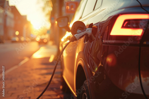 an elctric car charging in the sunrise photo