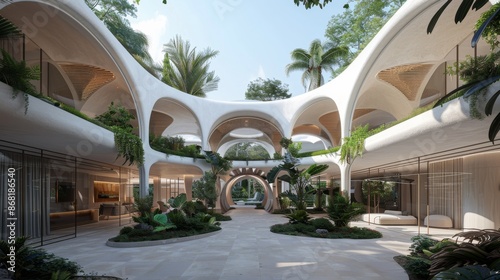 Modern Architectural Design with Curved Walls and Lush Greenery in a Tropical Courtyard.