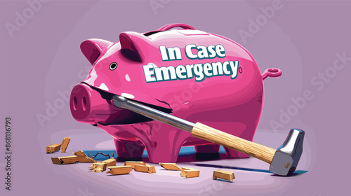 Pink Piggy Bank with "In Case of Emergency" Label and Breaking Hammer, Symbolizing Backup Savings for Crisis Situations