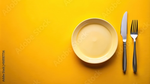 Fototapeta Naklejka Na Ścianę i Meble -  Plate with cutlery on a yellow background, plate, cutlery, silverware, yellow background, dining, table setting