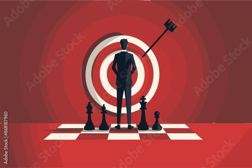 Strategic Planning for Success: Businessman Plays Chess on Bullseye Target, Aiming for Market Growth and Company Goals