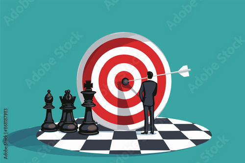 Strategic Planning for Success: Businessman Plays Chess on Bullseye Target, Aiming for Market Growth and Company Goals